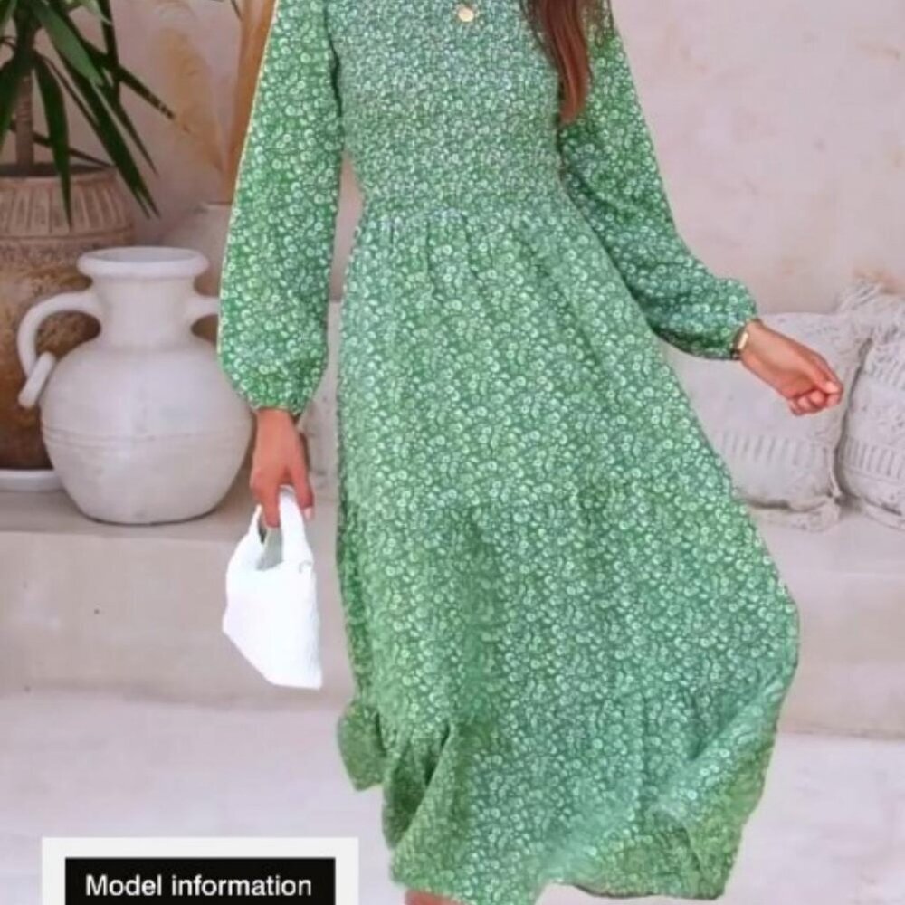 Flowy Floral Maxi Dress Smocked Tiered Long Sleeve Spring Boho Chic - Picture 8 of 8